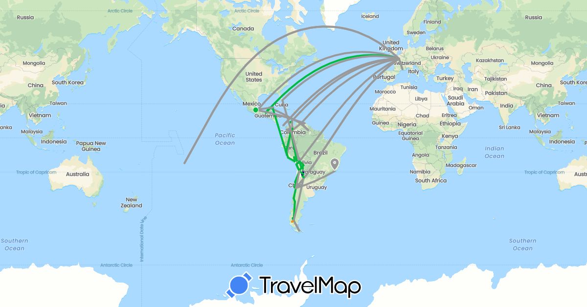 TravelMap itinerary: driving, bus, plane, boat, hitchhiking in Argentina, Bolivia, Brazil, Chile, Colombia, France, Mexico, Panama, Peru, French Polynesia, United States, Venezuela (Europe, North America, Oceania, South America)